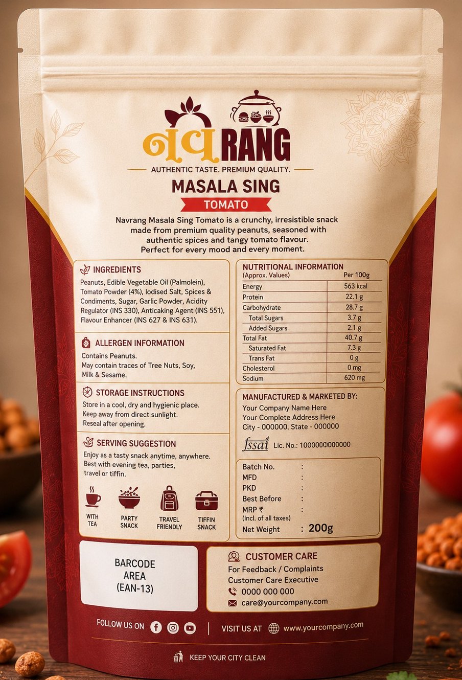Back of the Navrang Masala Sing Tomato pack with ingredients and nutritional information